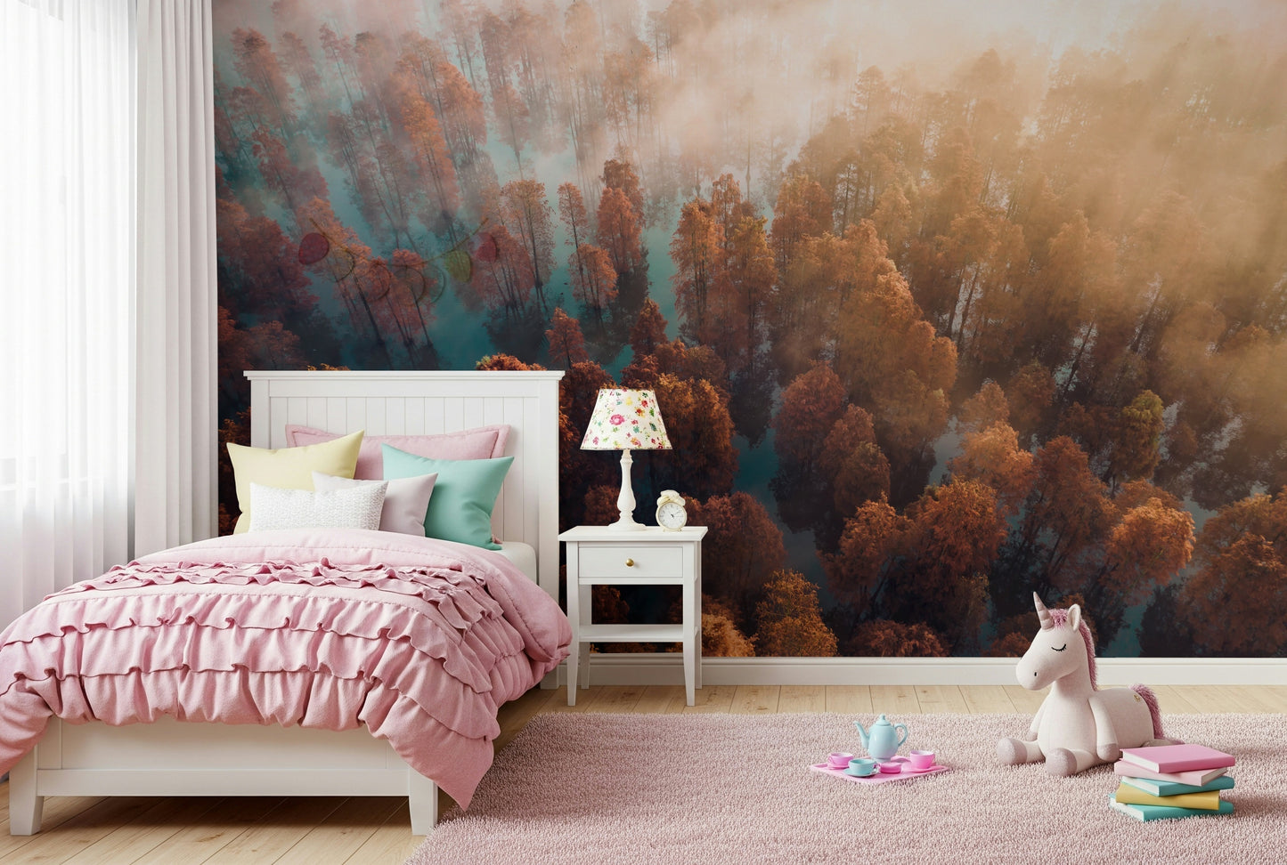 Golden morning light mural, spectacular Misty Autumn Forest imagery piece.