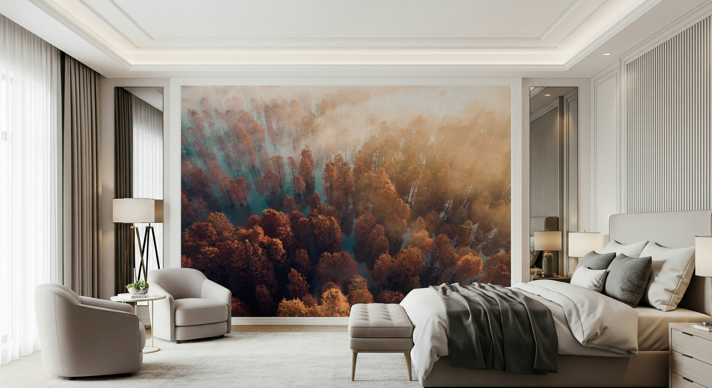 Overhead woodland wallpaper, rich textured Misty Autumn Forest product.