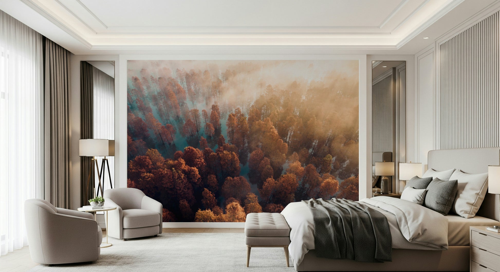 Overhead woodland wallpaper, rich textured Misty Autumn Forest product.