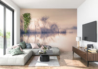 Gentle misty shoreline mural, decorative Serene Reflections graphic addition.