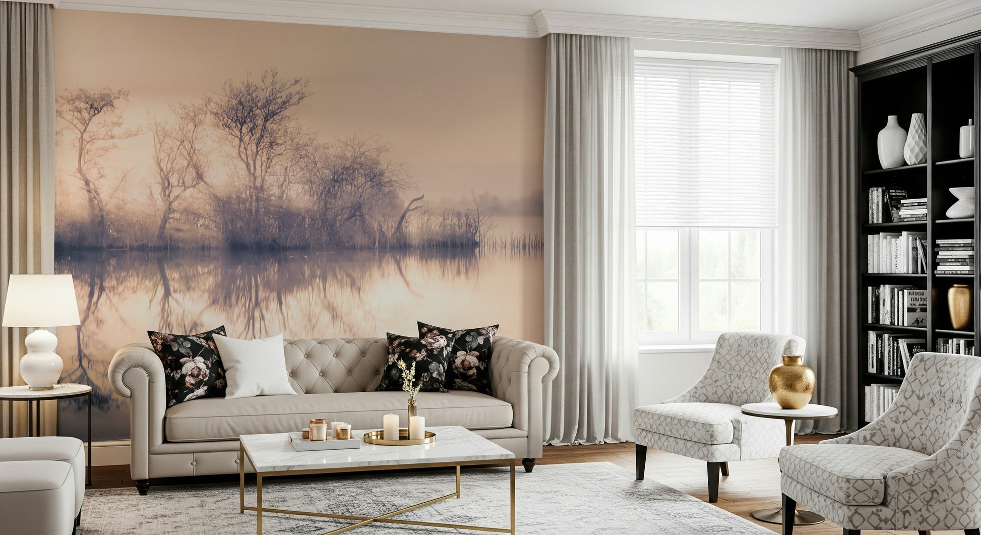 Peaceful lakeside view wallpaper featuring the Serene Reflections collection.