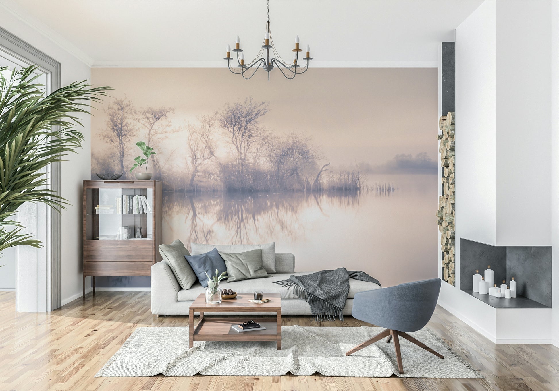 Calm foggy morning art mural, stunning Serene Reflections atmosphere product.