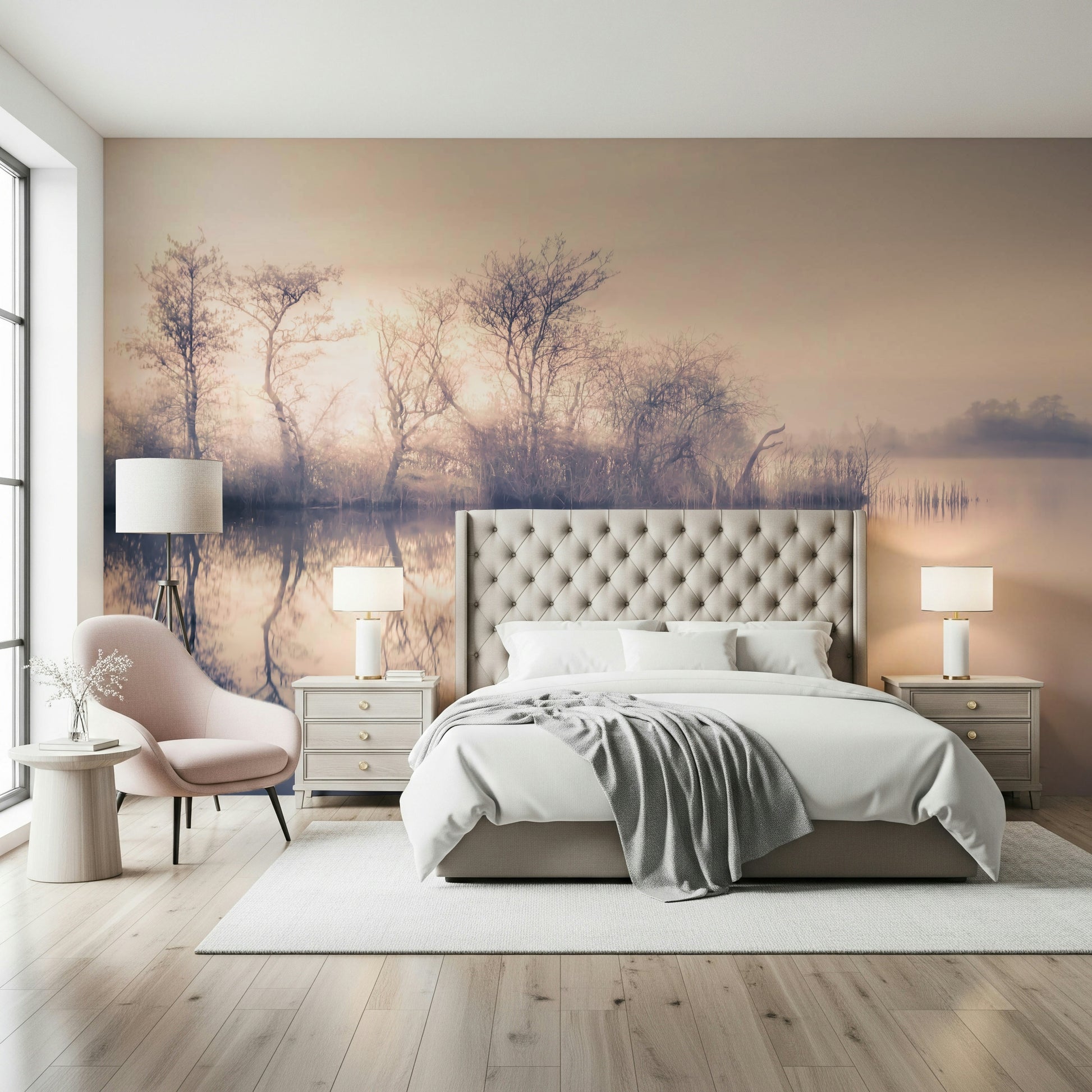 Soft diffused light riverbank mural, artistic Serene Reflections home accent.