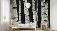 Serene black and white wallpaper, natural Monochrome Woods scene covering.