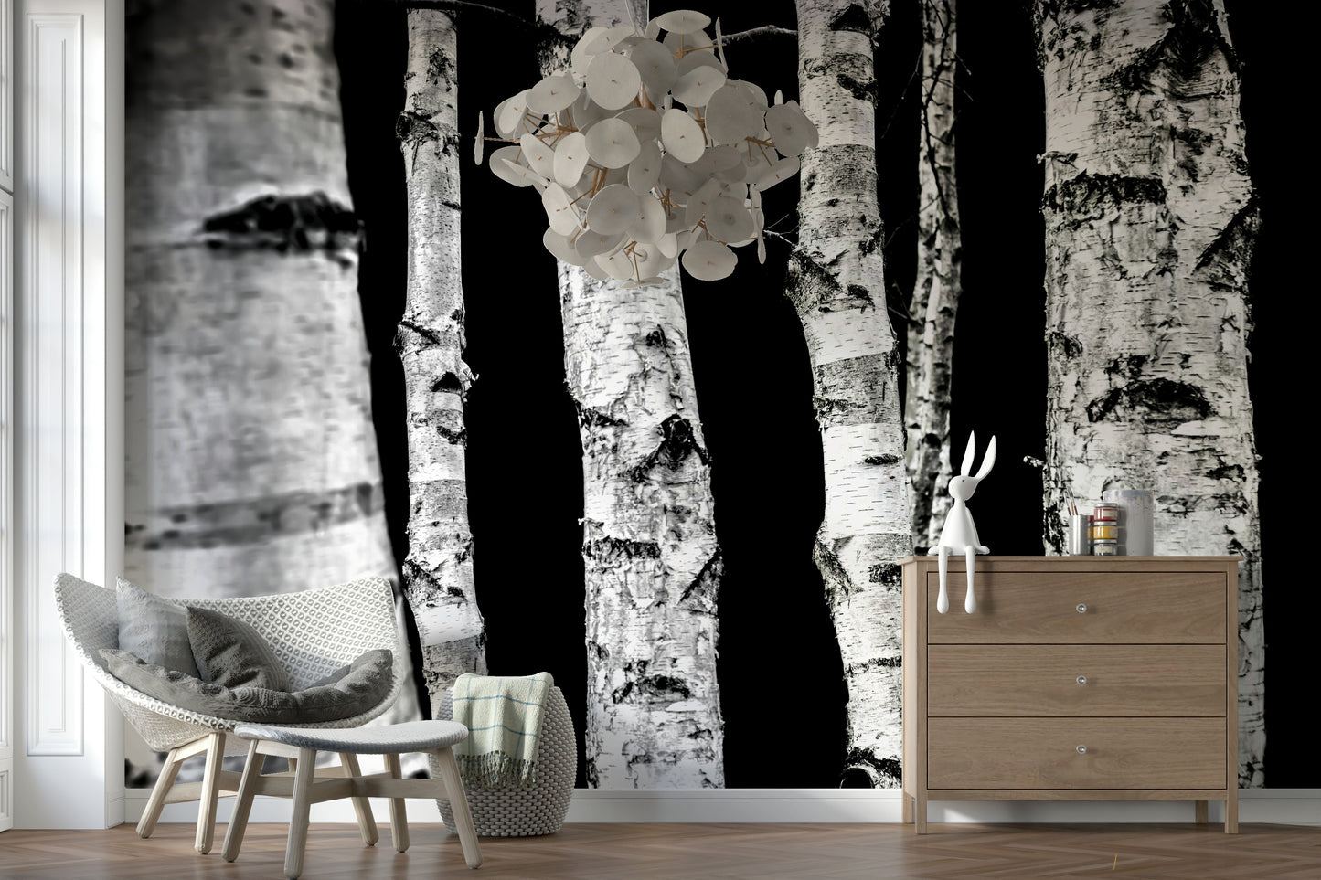 Stylish dark-and-light birch tree wallpaper in a Monochrome Woods style.