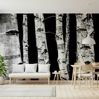 Grayscale woodland mural, classic Monochrome Woods wallpaper decor.