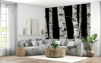 Monochrome Woods birch forest print wallpaper wall covering.