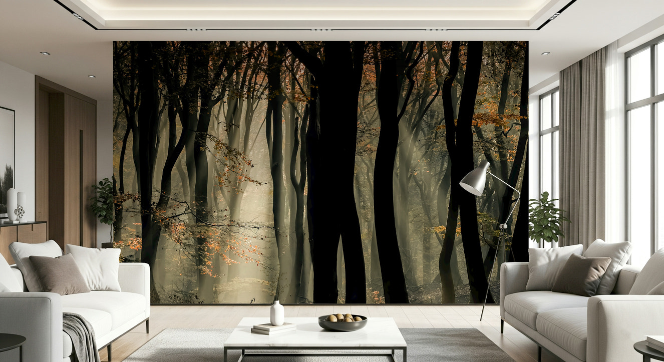 Tall tree Mystic Woods scene, dramatic lighting, unique mural wallpaper.