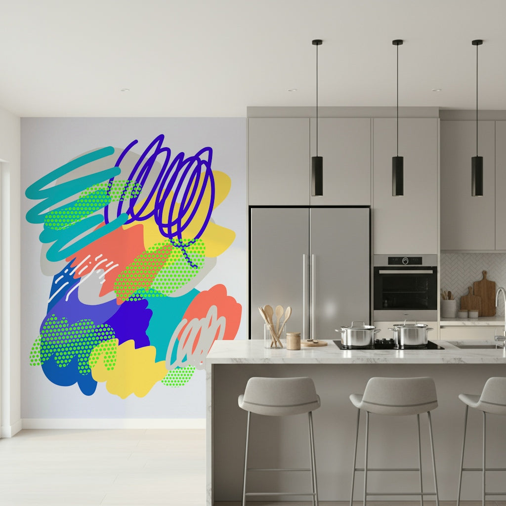 Colorful retro mural, nineties inspired abstract shapes, cheerful wall pattern.
