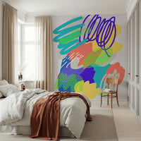 Abstract brushstroke mural, electric teal and purple, unique Wonders2 Wall art.