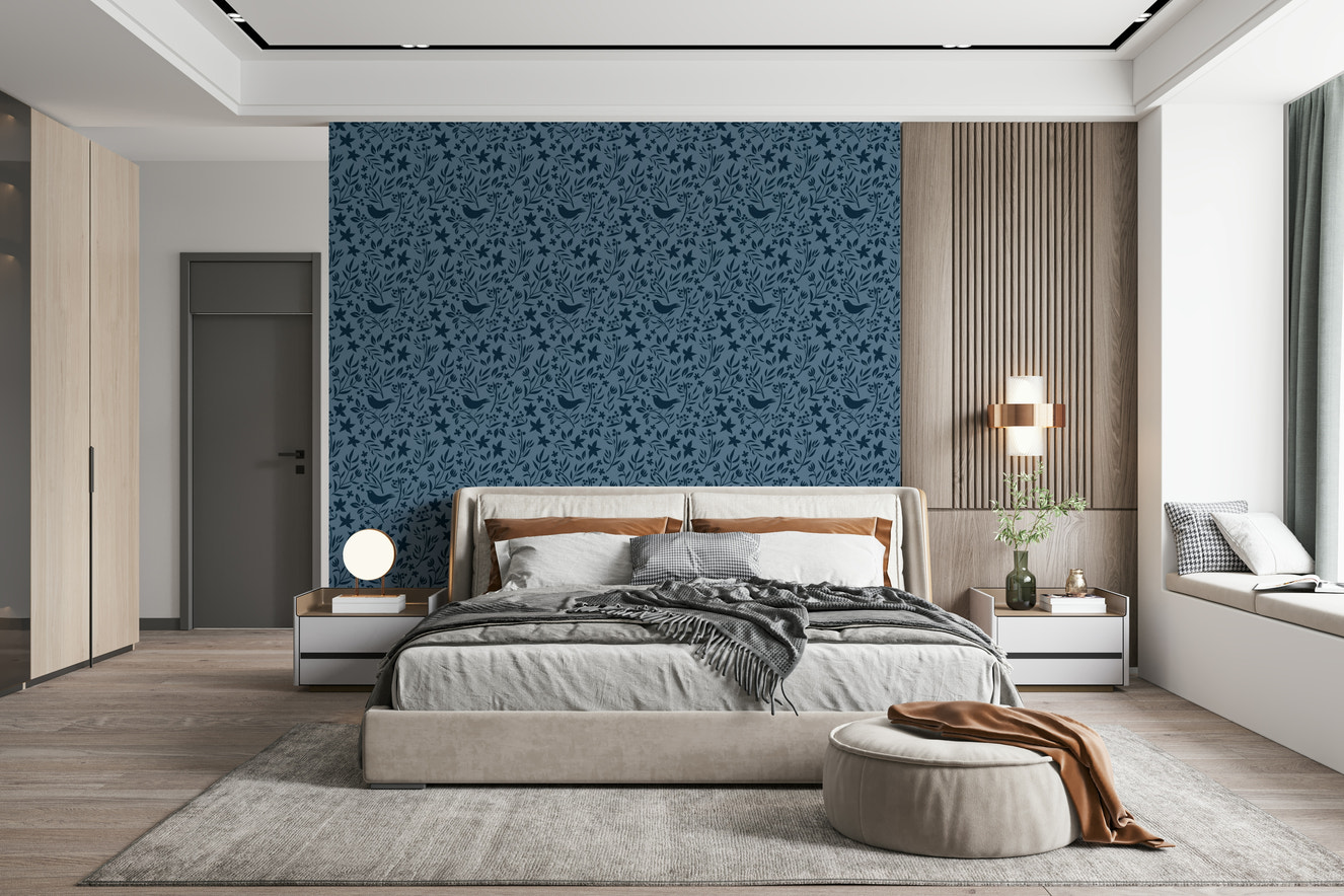 Cozy Blue Scandinavian wallpaper, quaint repeating pattern, lovely wall art.