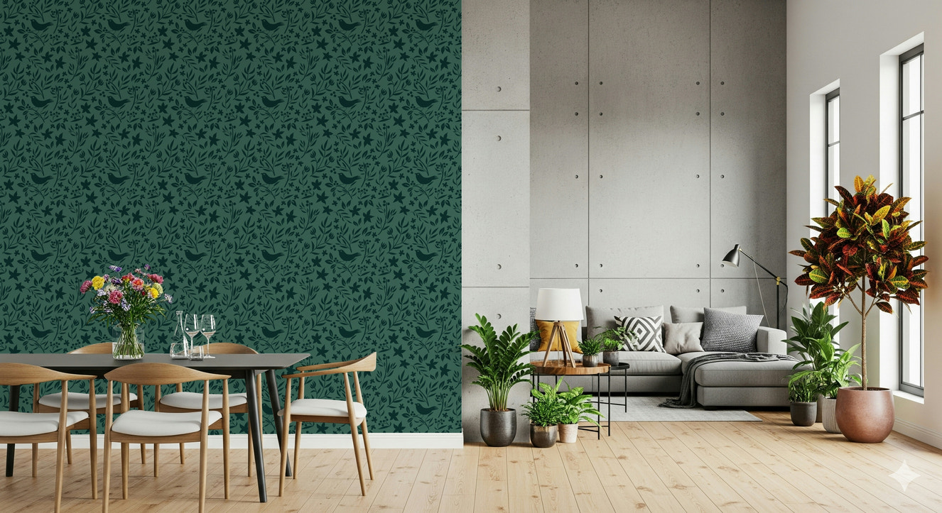 Dense Botanical Theme wallpaper, layered leaves, elegant green aesthetic.