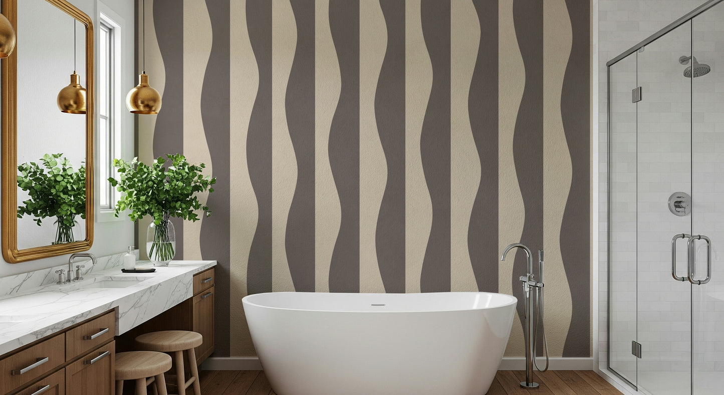 Vintage Groovy Stripes wallpaper mural charcoal beige stripes.