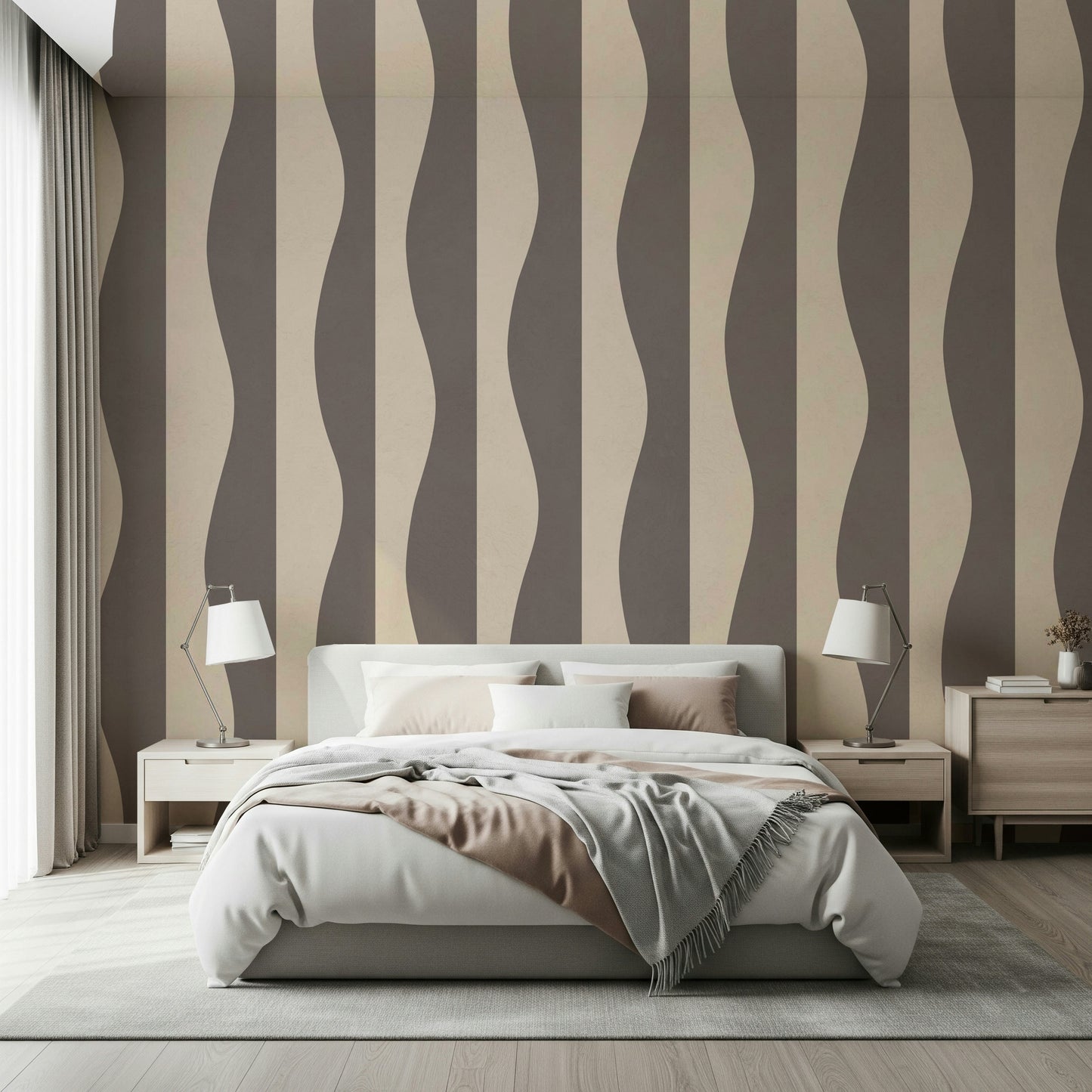 Retro Groovy Stripes art wallpaper for walls wavy parallel bands.