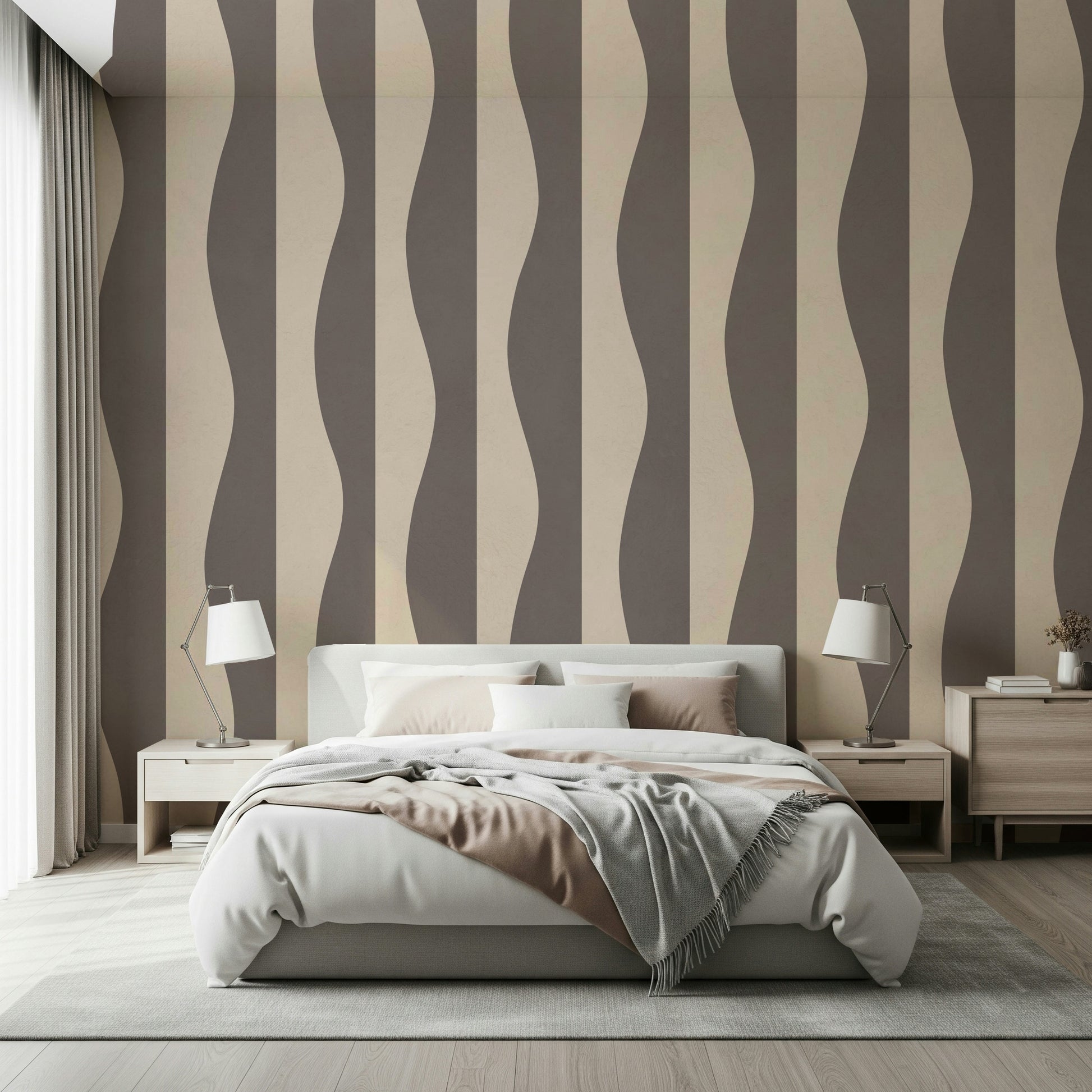 Retro Groovy Stripes art wallpaper for walls wavy parallel bands.