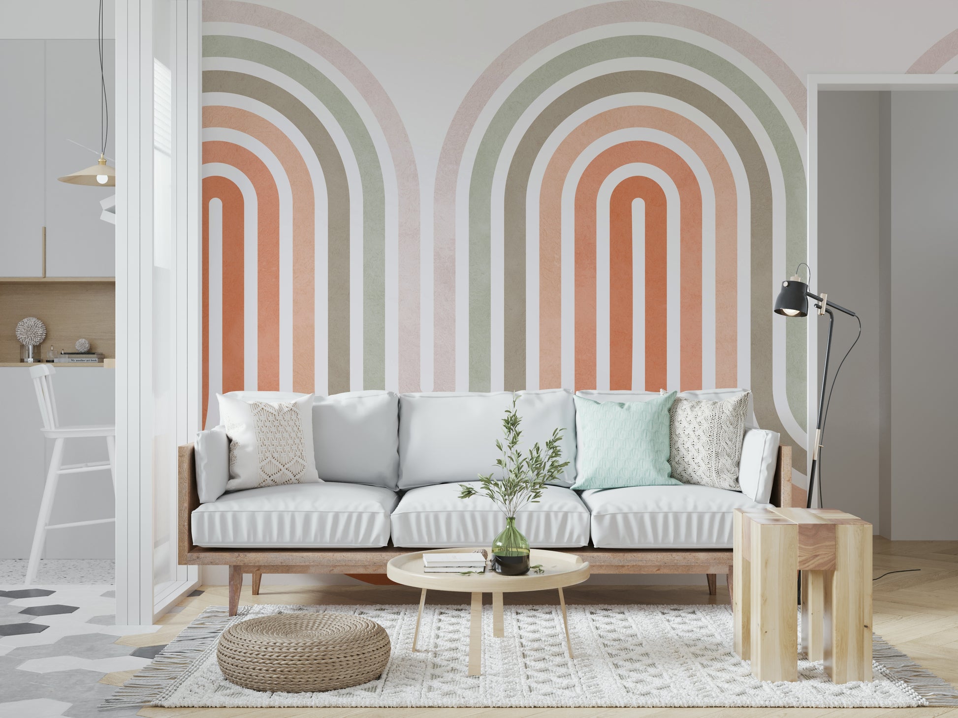 Archway Retro wallpaper mural neutral tones repeating wave.