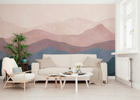 Peaceful Mountain Dreams wall mural layered peaks soft blush tones.