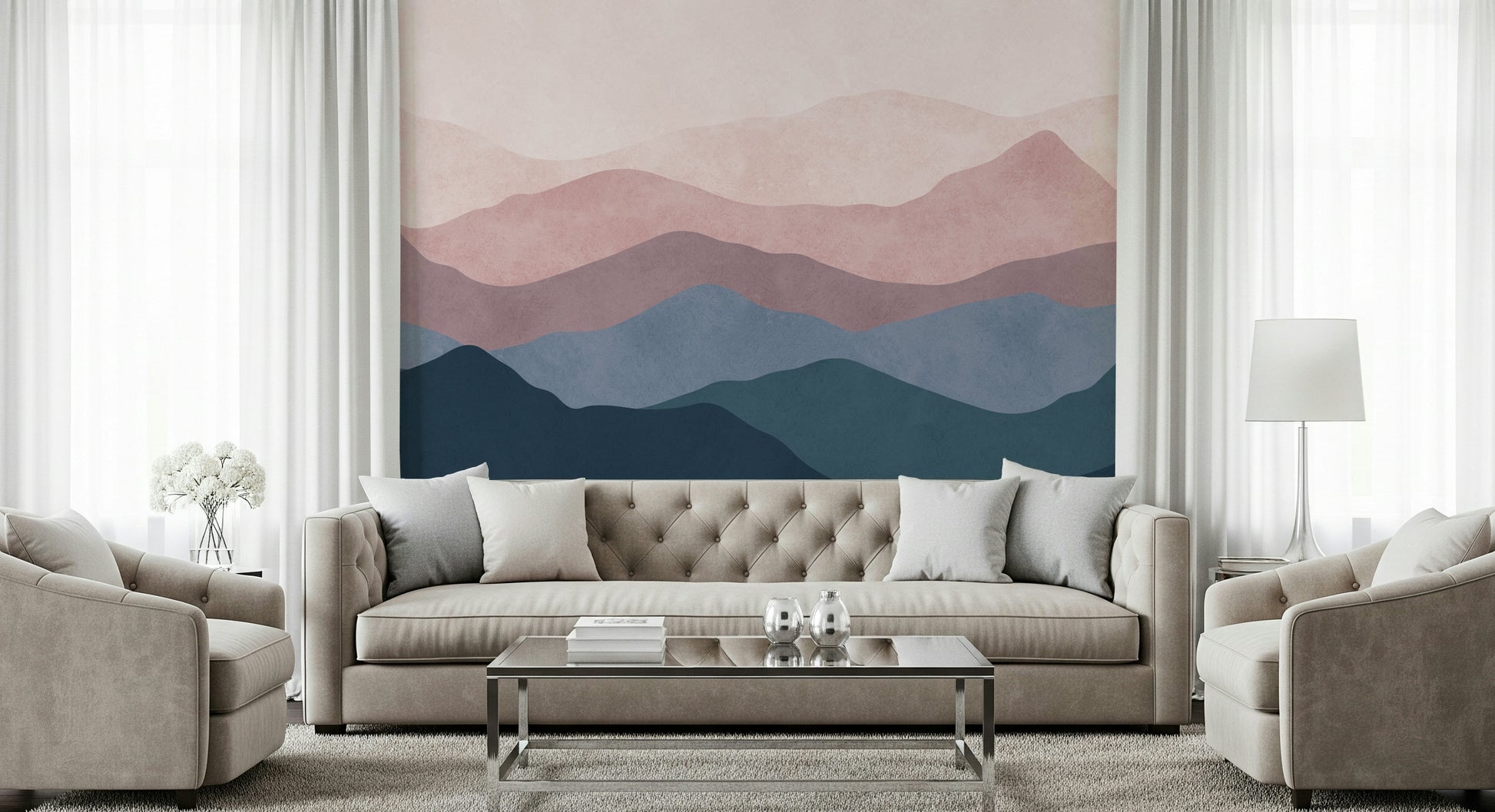 Watercolor Mountain Dreams wallpaper hazy mountain silhouettes bedroom decor.