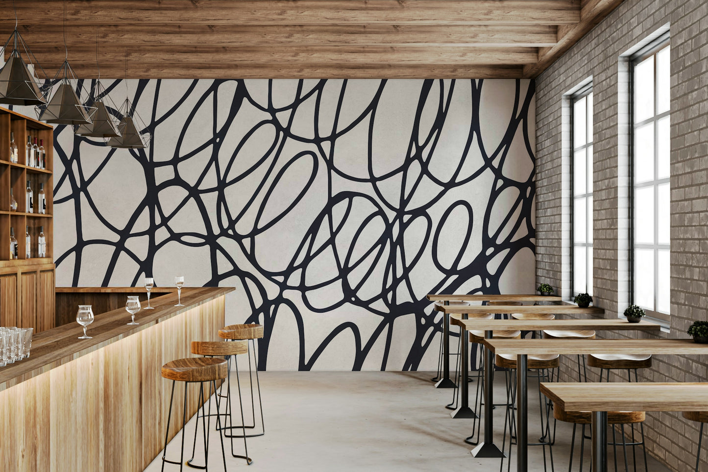 Modern Loop Lines wall mural dynamic looping shapes monochrome look.