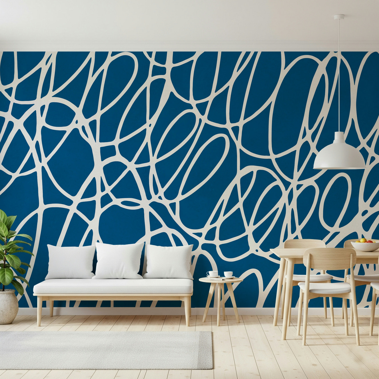 Artistic Sapphire Scribbles wall mural white looping lines vibrant backdrop.
