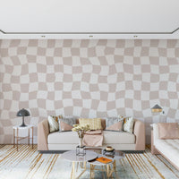 Wavy Checkered Dream wallpaper mural beige tone subtle motion effect.