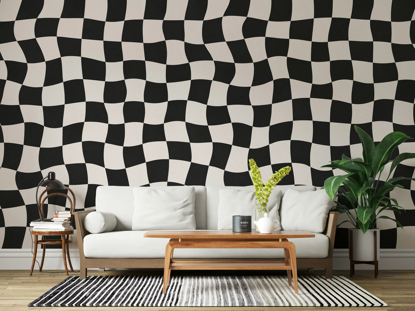Op art inspired Wavy Check wall mural stylish graphic display.