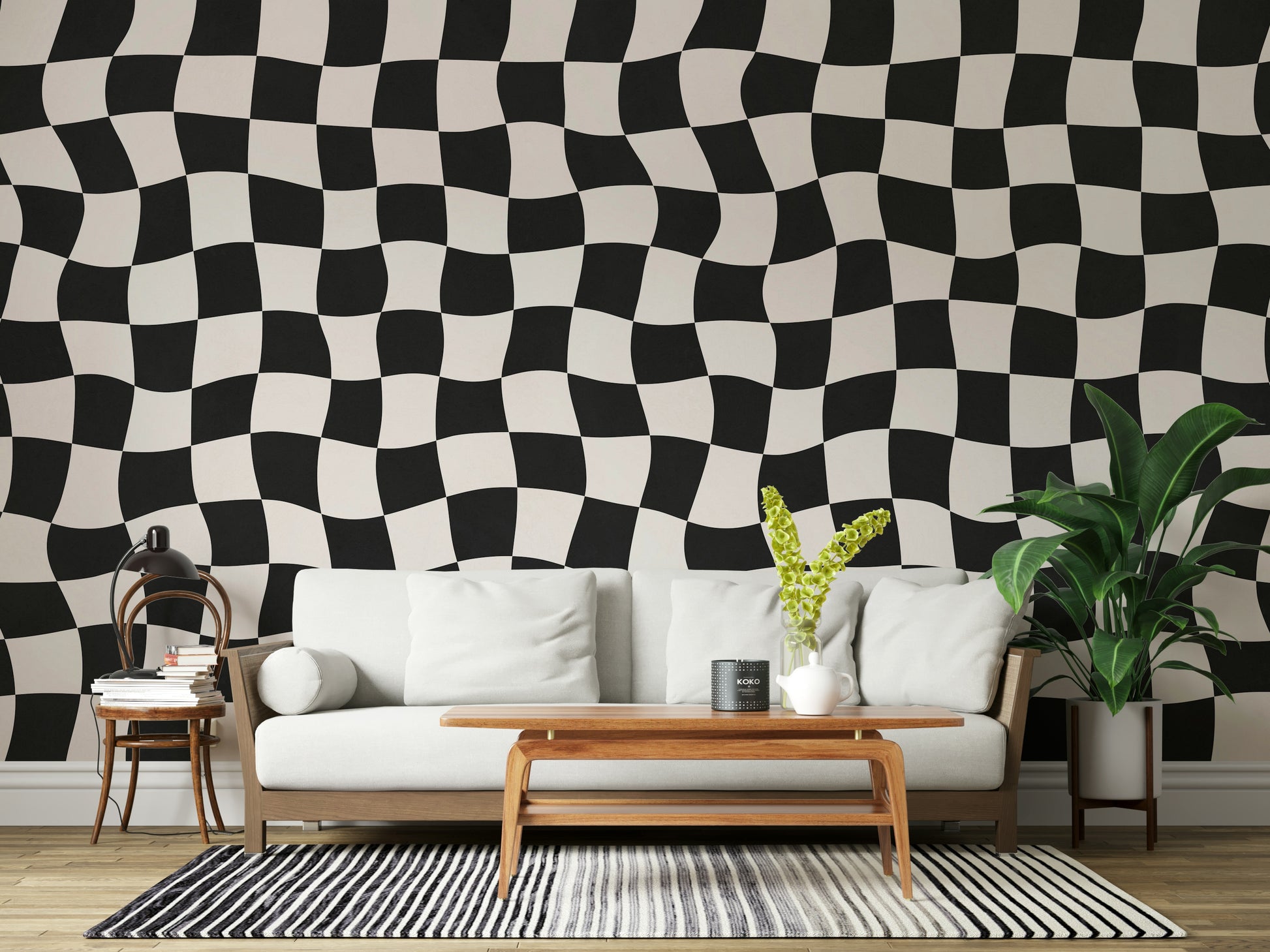 Op art inspired Wavy Check wall mural stylish graphic display.