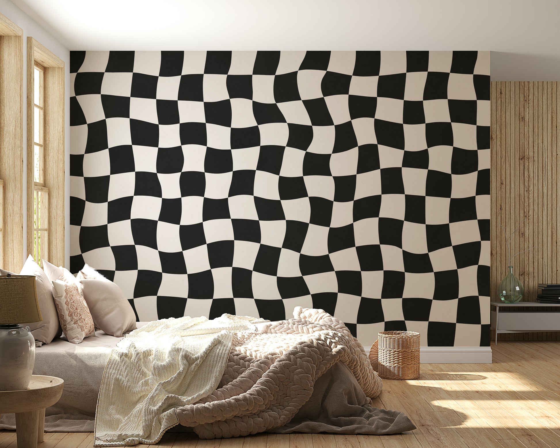 Warped checkerboard design for Wavy Check wallpaper.