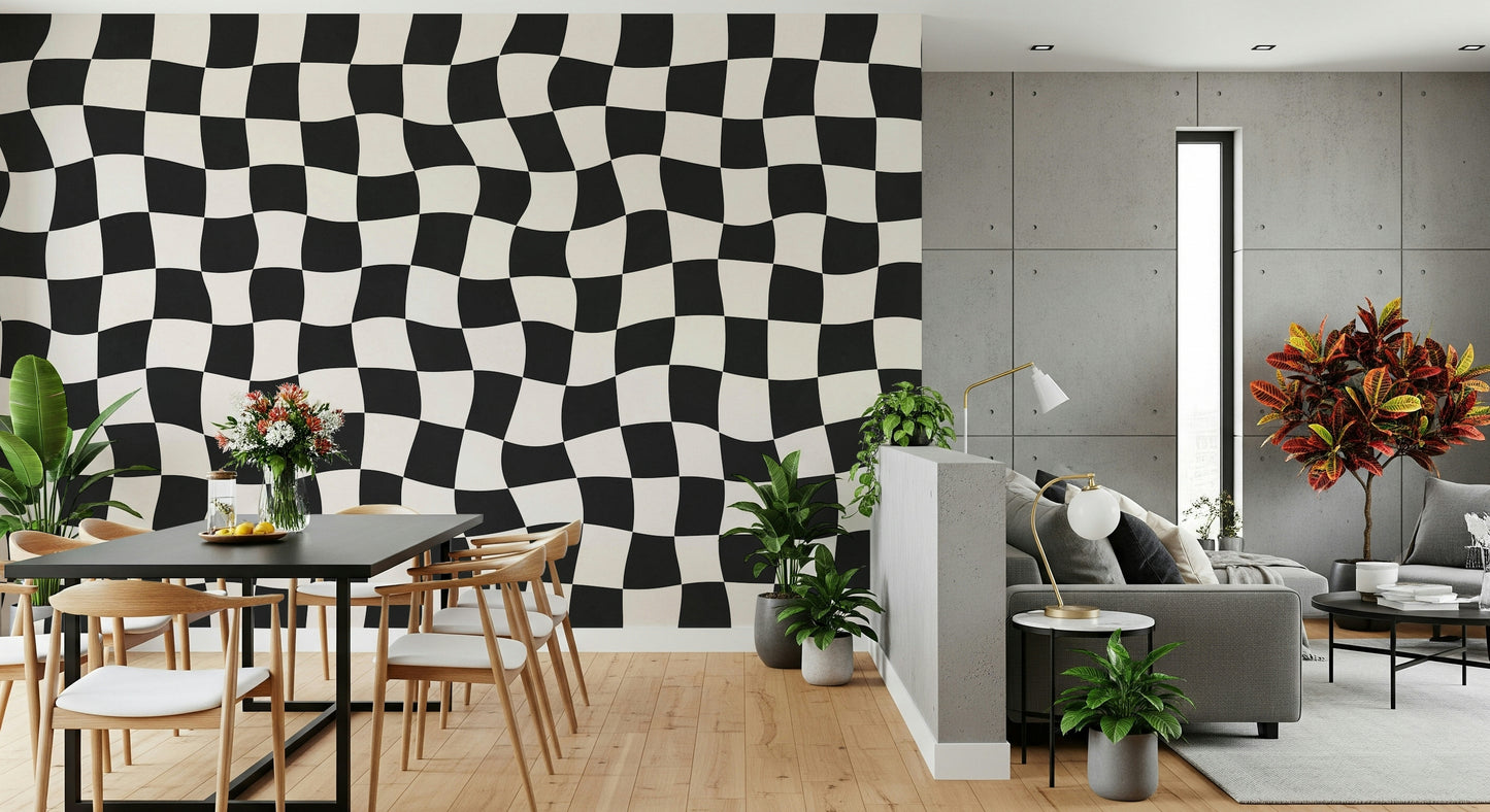 Checkered Wavy Check wall covering distinctive artistic monochrome look.