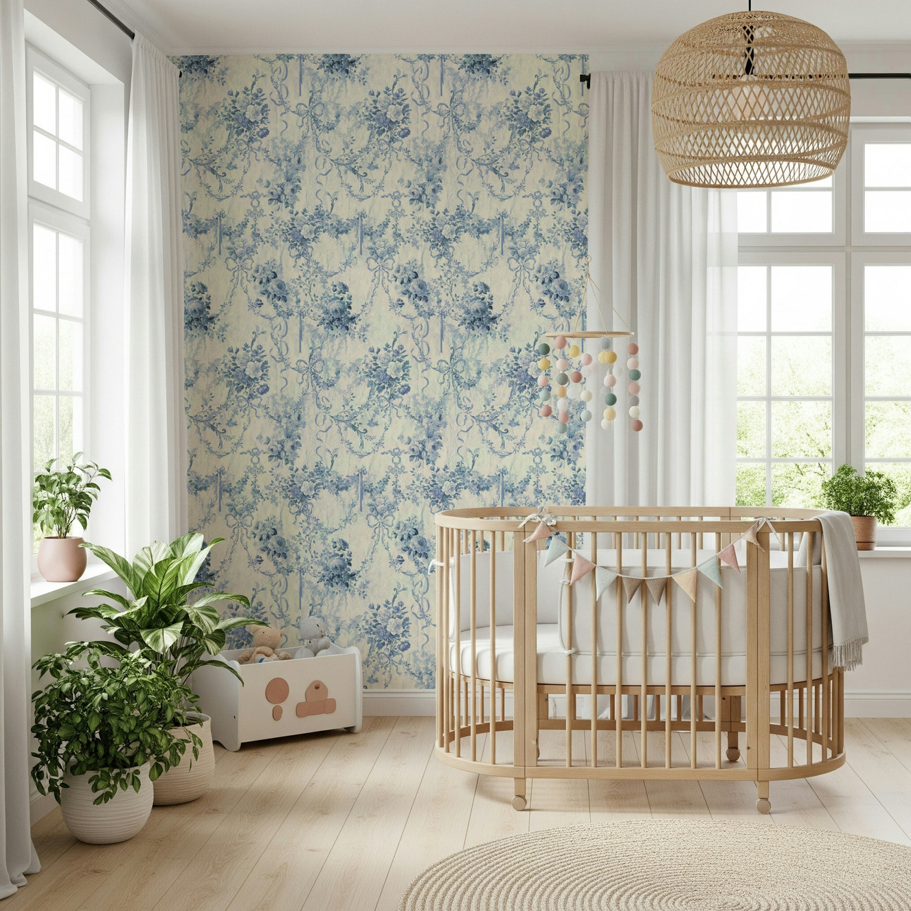 Blue Floral Chinoiserie Charm wallpaper mural, delicate antique blue blooms.
