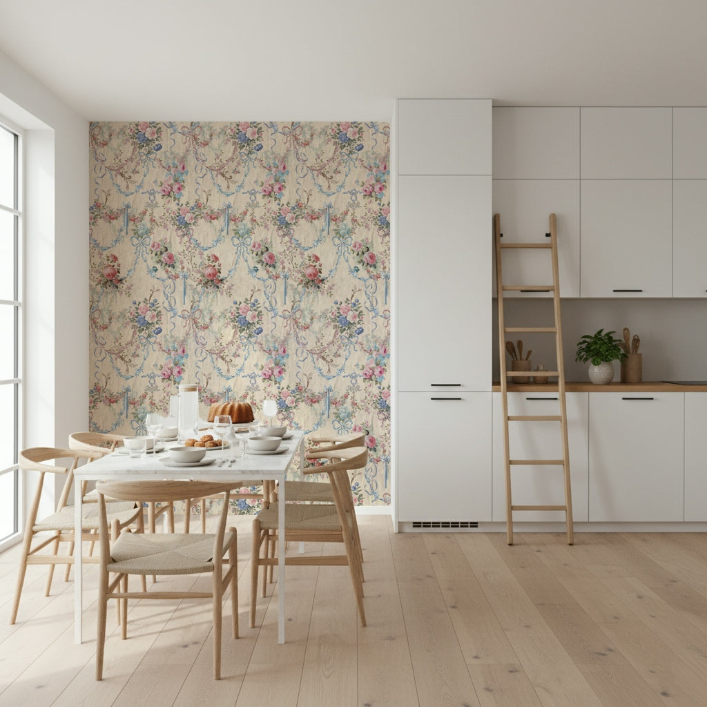 Majestic Ribbon Rose Serenade wall mural intricate detail decorative swags.