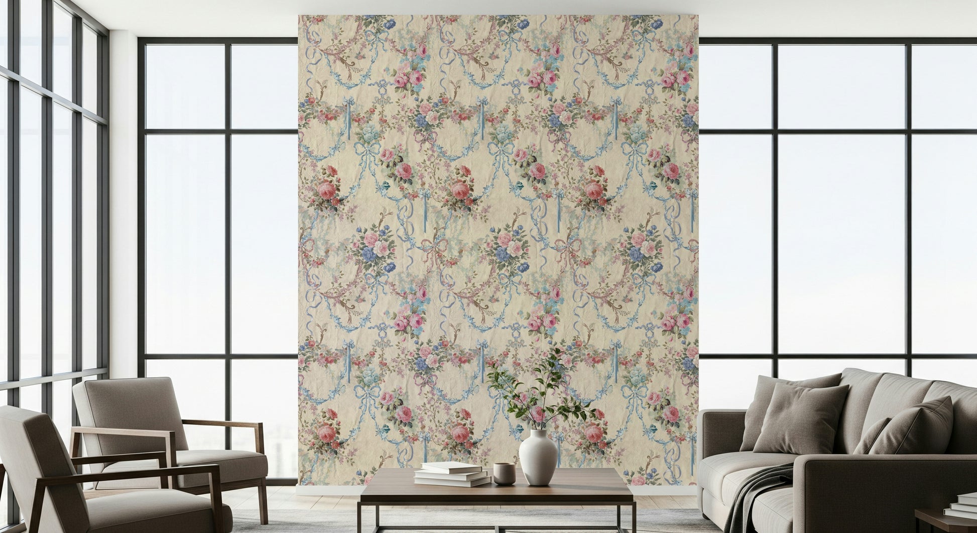 Sophisticated Ribbon Rose Serenade wall mural ornate bow accents beige texture.