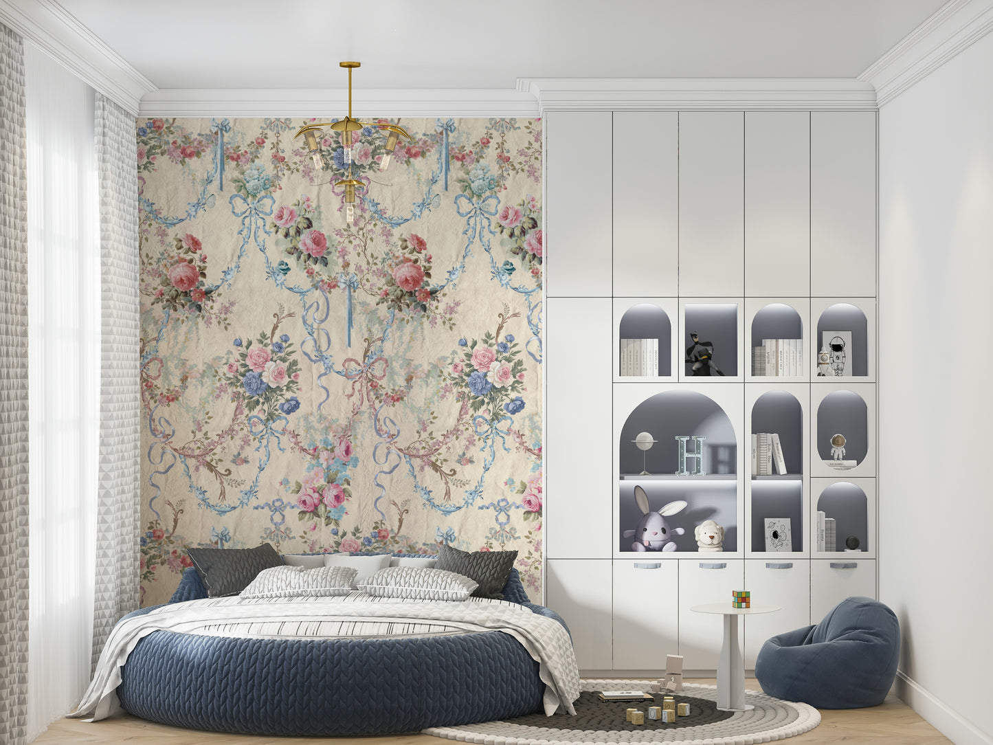Fine Chinoiserie Ribbon Rose Serenade artistic wallpaper delicate floral arrangement.
