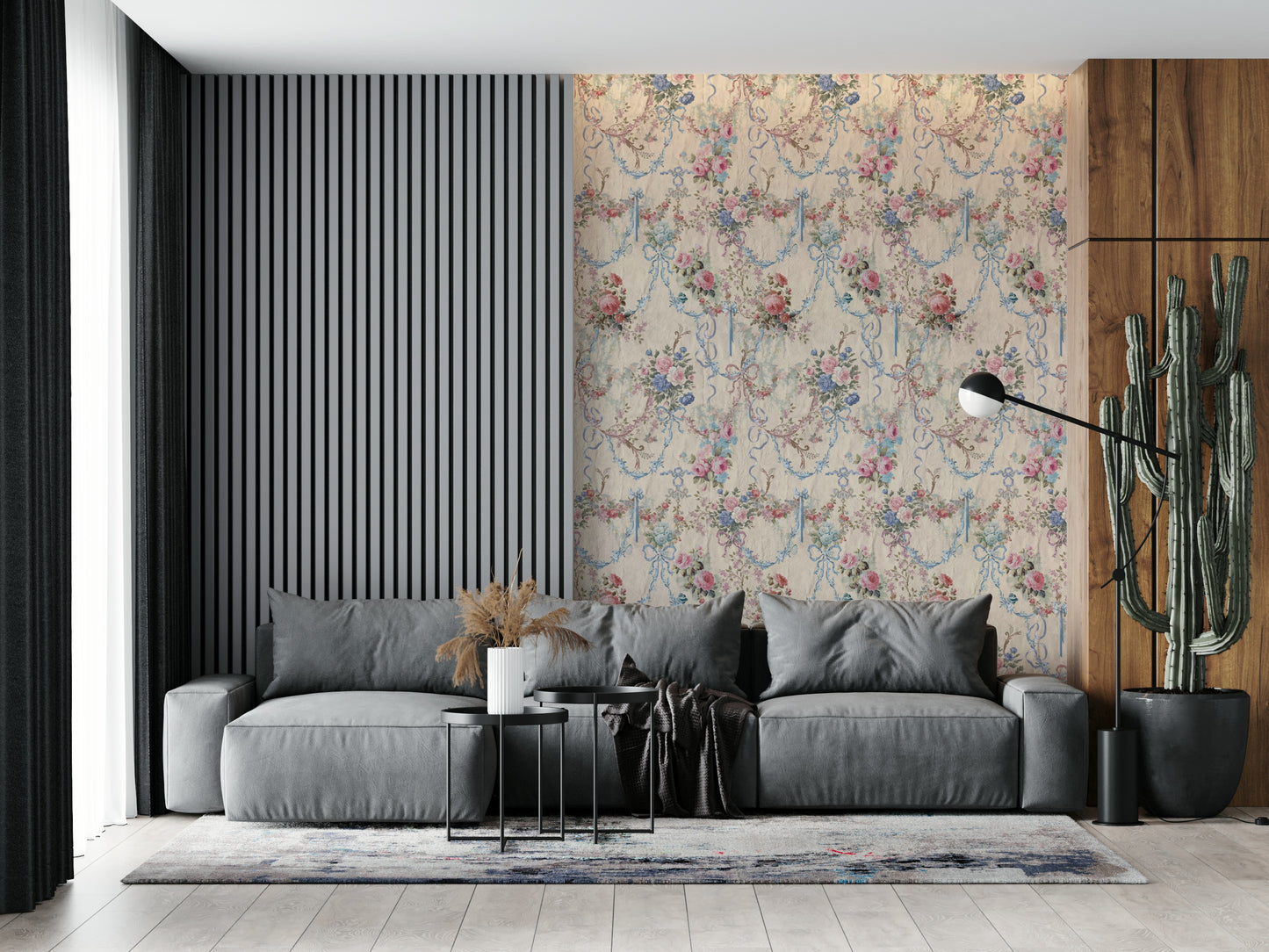 Stylish Chinoiserie Ribbon Rose Serenade print luxurious elegant floral art wallpaper.