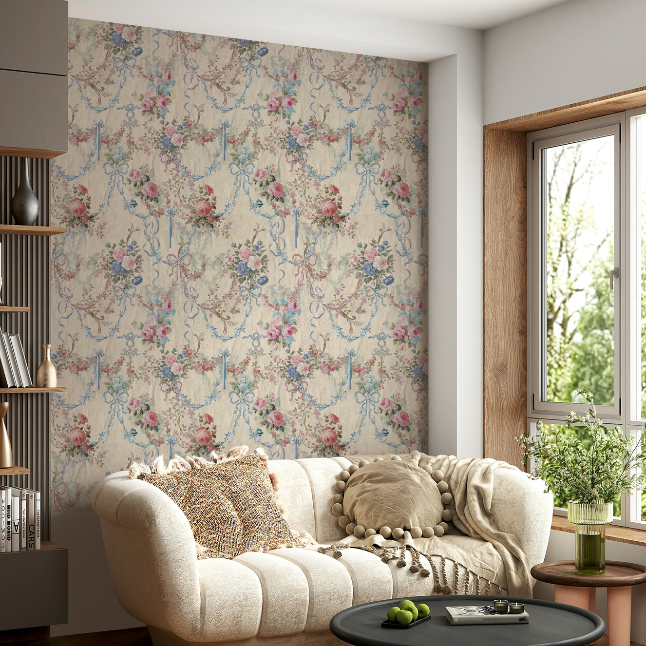 Ribbon Rose Serenade Chinoiserie wallpaper pastel floral bouquet pattern.
