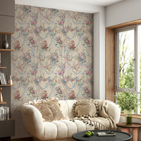 Ribbon Rose Serenade Chinoiserie wallpaper pastel floral bouquet pattern.