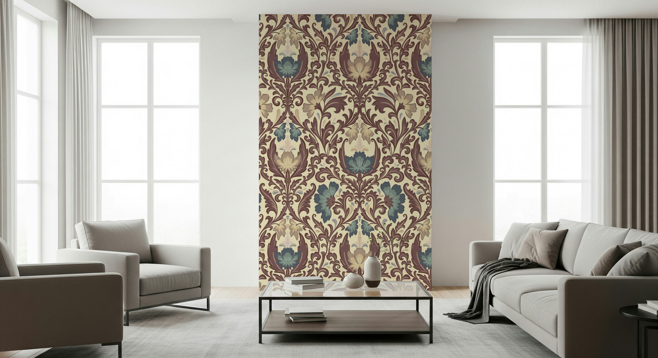 Antique Floral Flourish wall mural, vintage damask pattern.