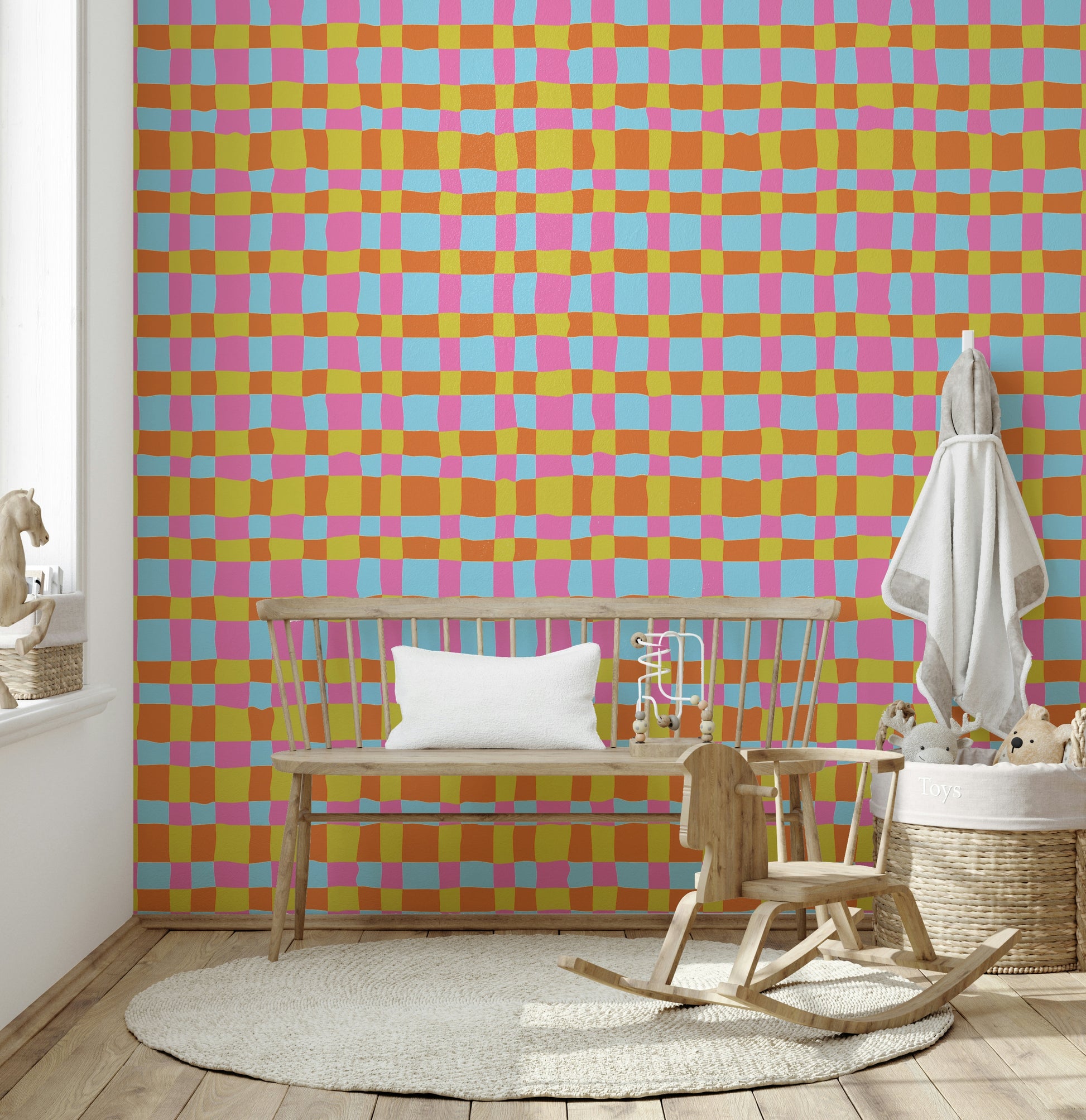 Cheerful wall mural featuring hand-drawn gingham style checkered pattern.