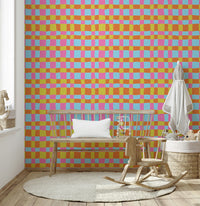 Cheerful wall mural featuring hand-drawn gingham style checkered pattern.