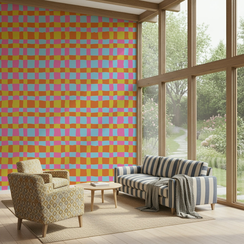 Stylish wall mural depicting a colorful tartan like motif for interiors.