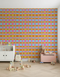 Wallpaper of geometric blocks, bright pink, azure, and orange hues decor.
