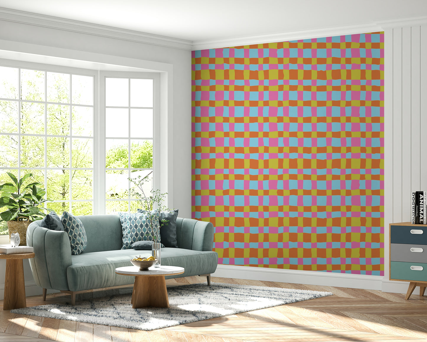 Wallpaper for spaces showcasing abstract knitted look in bright shades.