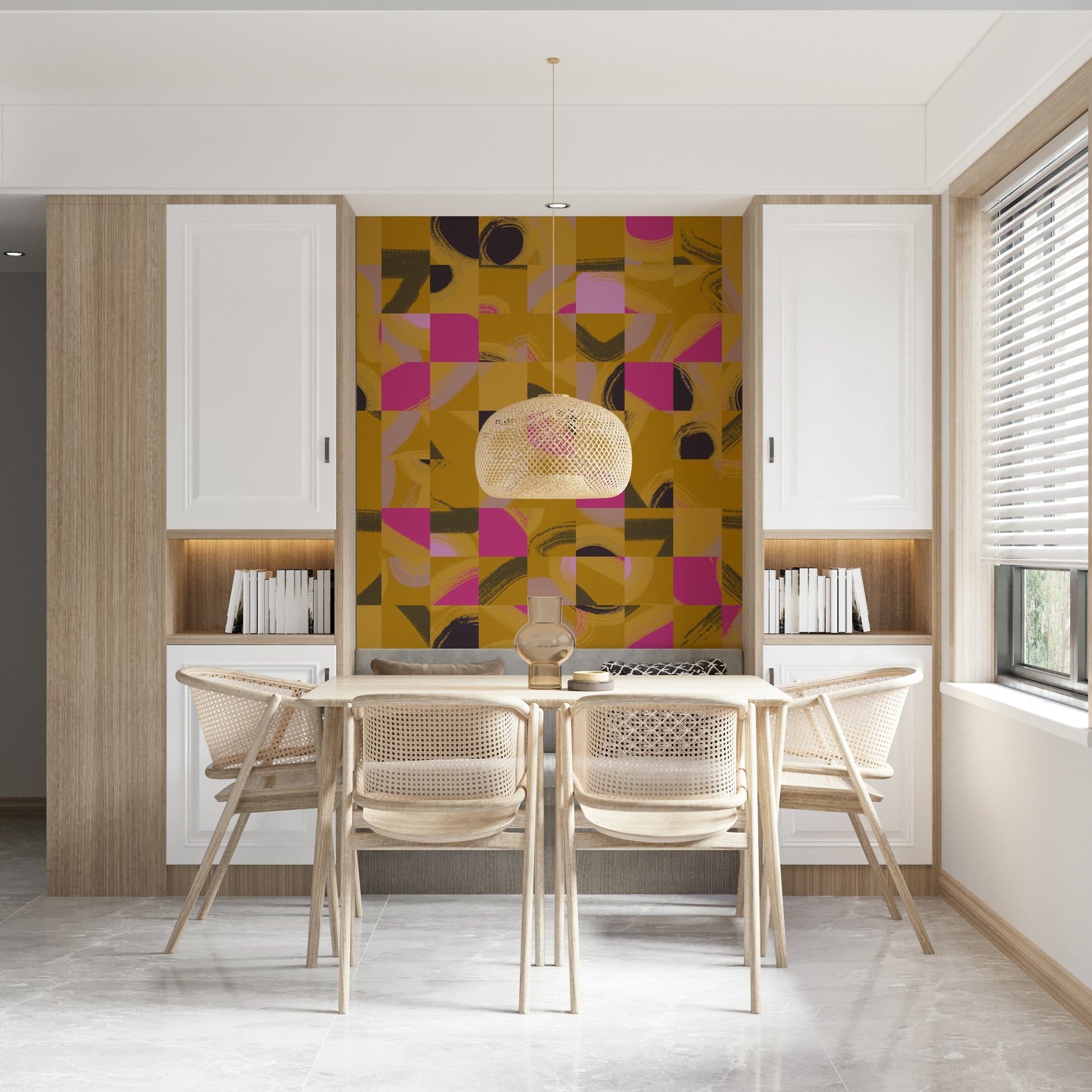 Bold wall mural featuring abstract squares with vivid swirls design.