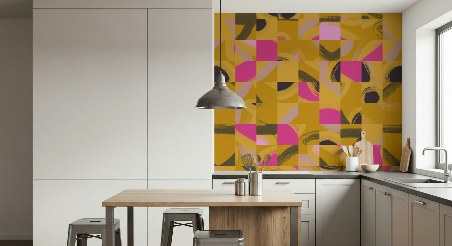 Geometric wall mural with painterly aesthetic for a statement backdrop.