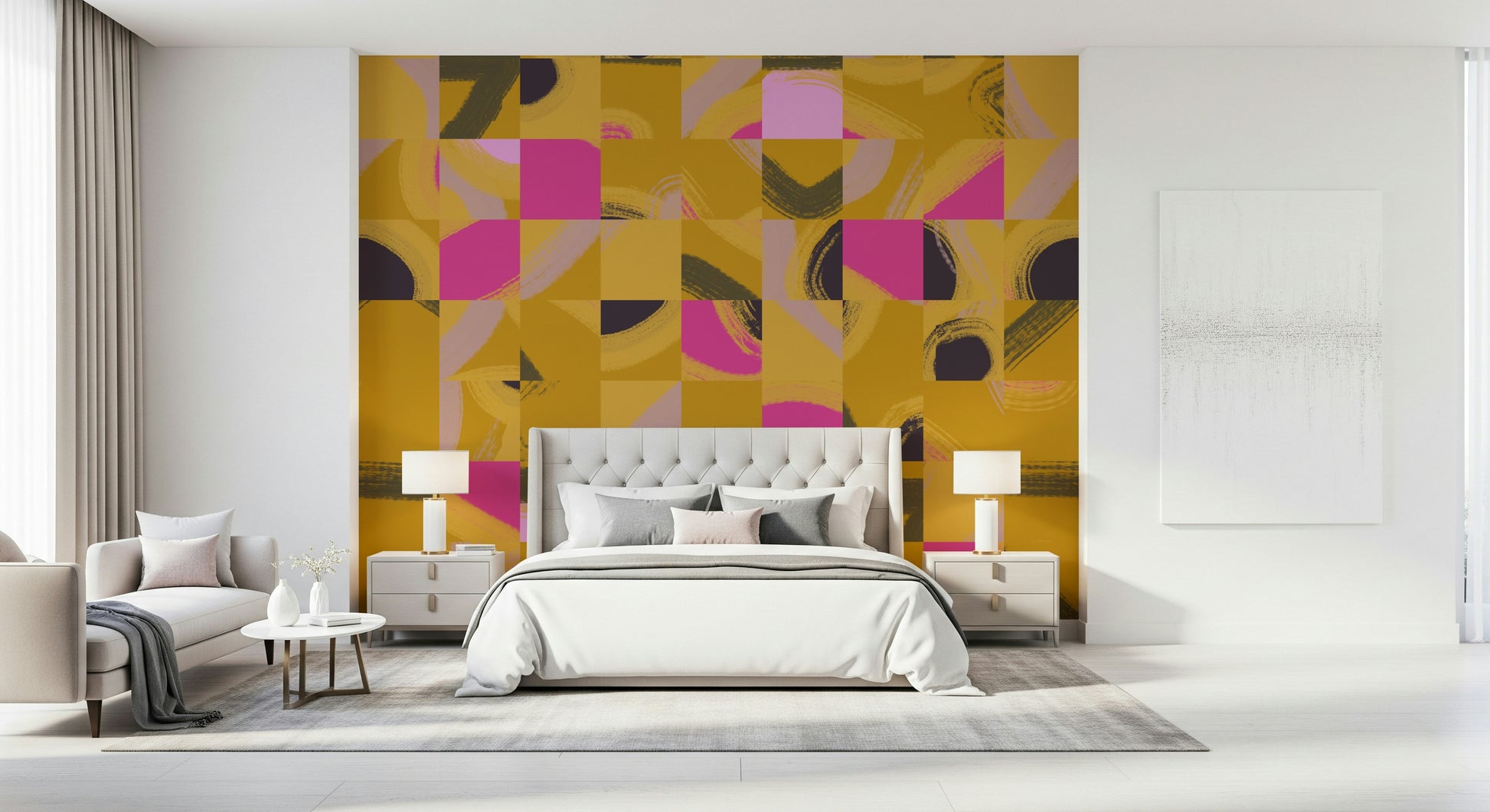 Wallpaper for spaces showcasing pop art inspired shapes and colors.