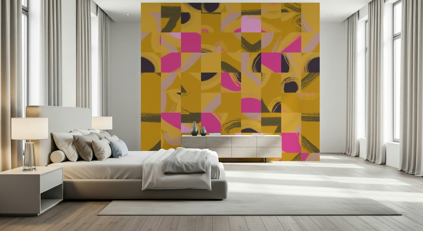 Artistic wall mural capturing a colorful brushwork and tile arrangement.