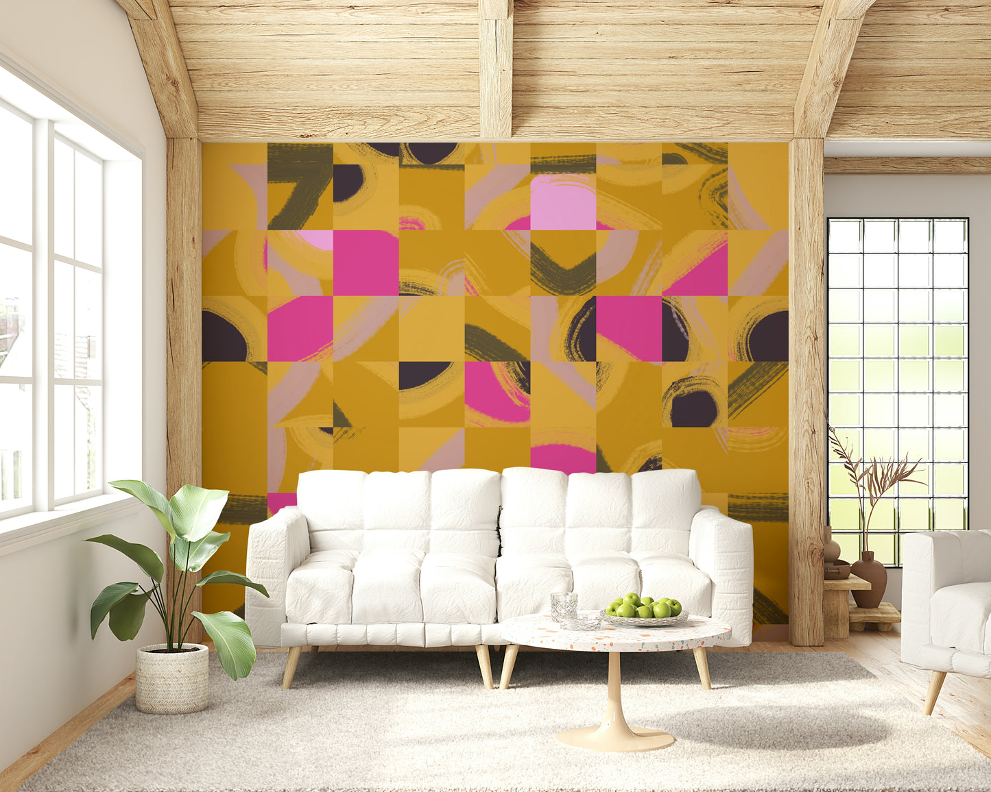 Wallpaper of contemporary texture in magenta and mustard yellow hues.