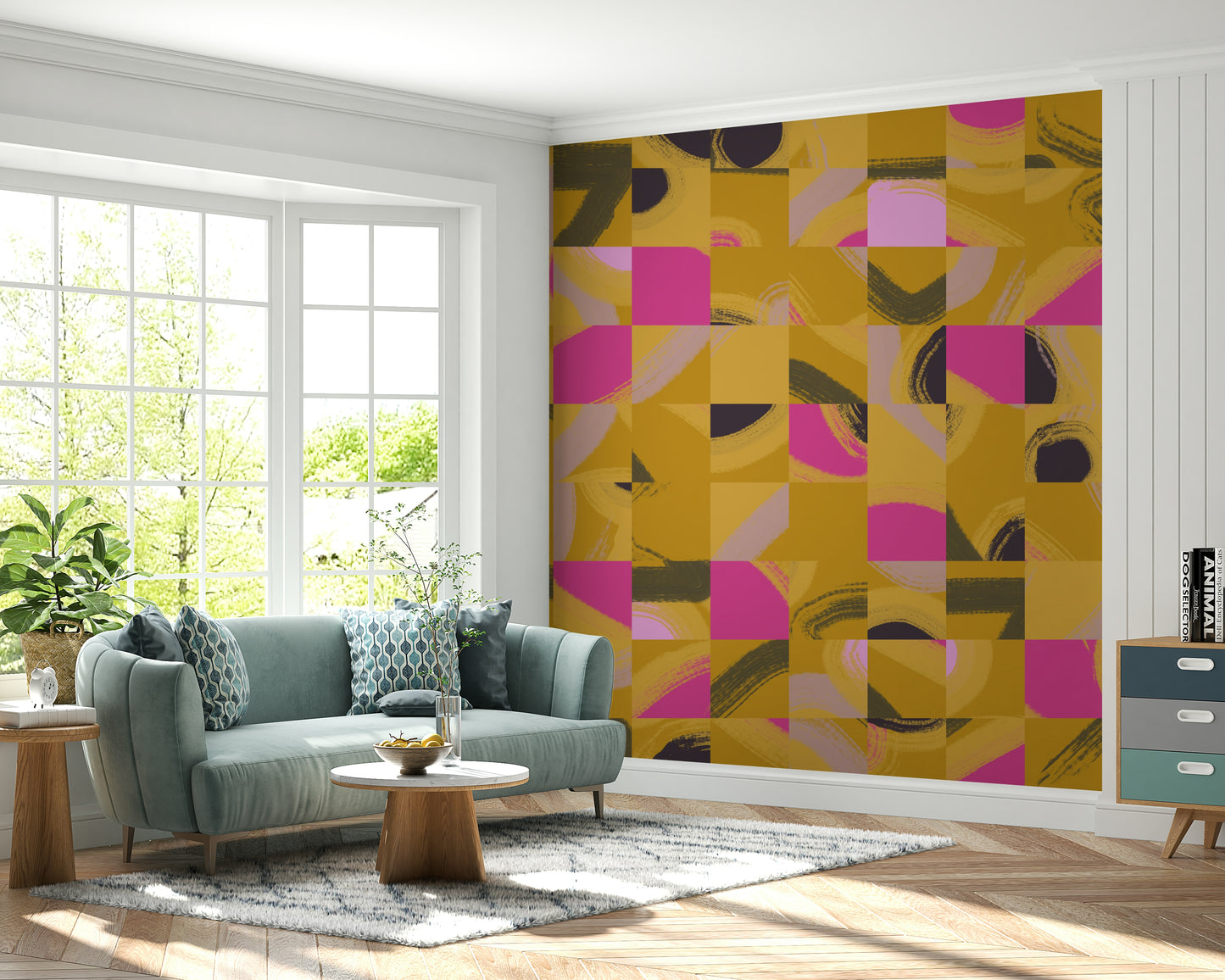 Stylish wall mural depicting a checkerboard grid filled with painterly marks.