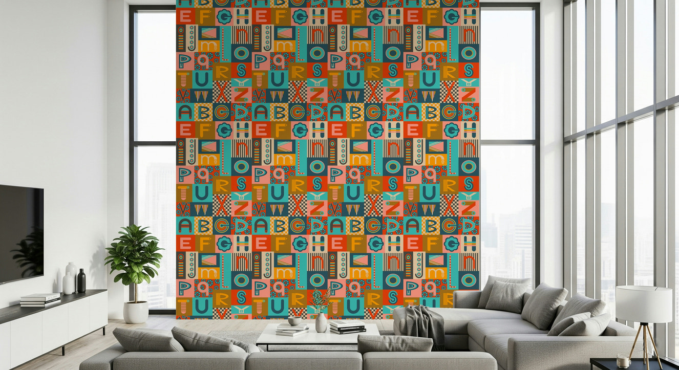 Geometric ABCs Retro wall mural, vibrant colorful alphabet blocks.
