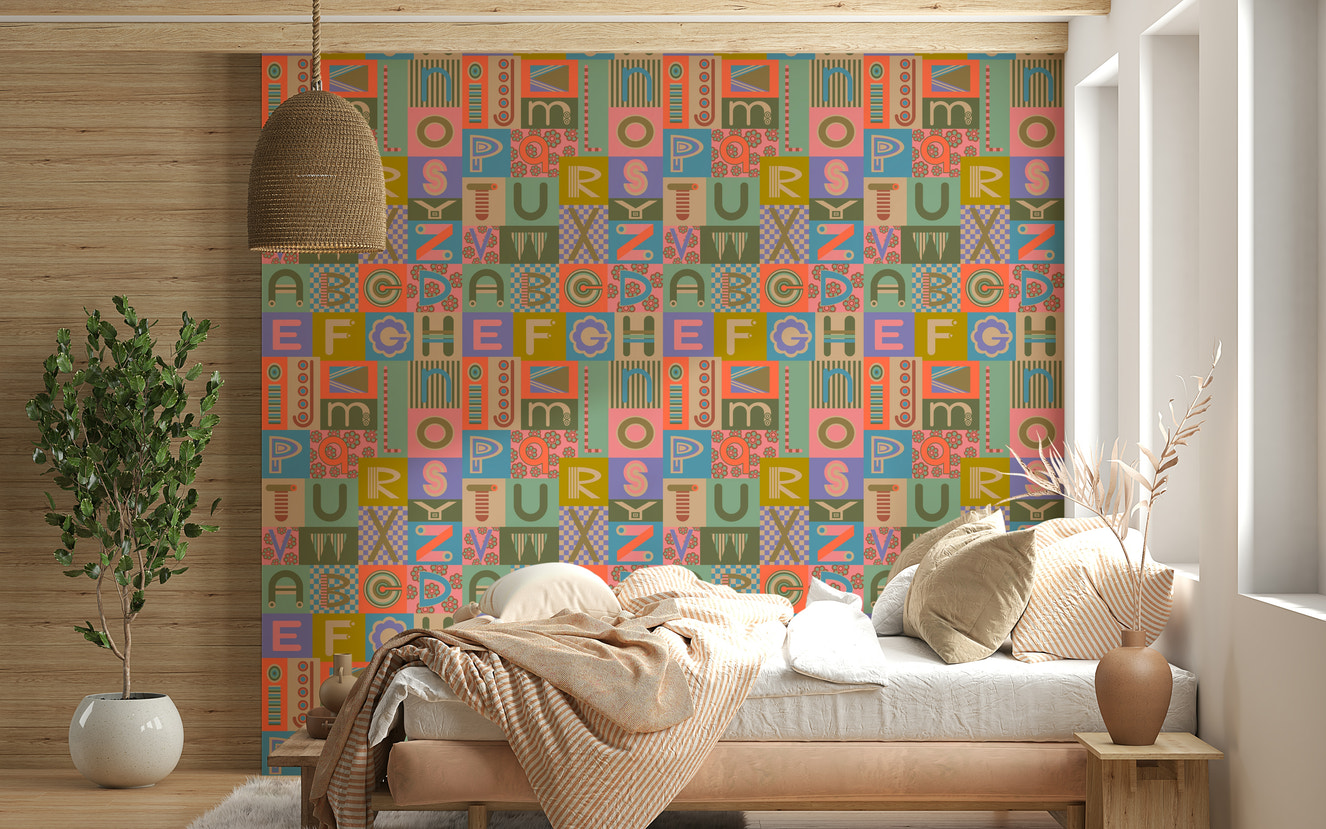 Geometric wallpaper: ABCs Retro Alphabet Graphic Lettering Vintage 1950s Colors wall mural.